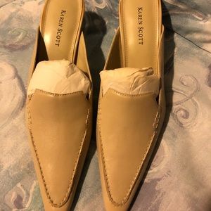 Shoes, beige, leather, mules, stacked low heel